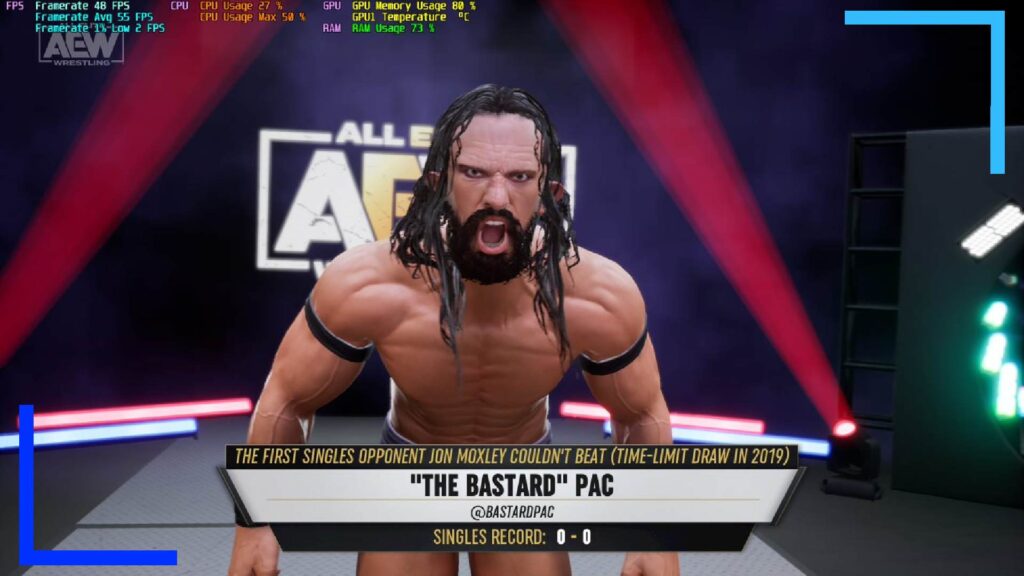 Screenshot from AEW Fight Forever on ASUS ROG Ally showing PAC as he makes his entrance looking angry.