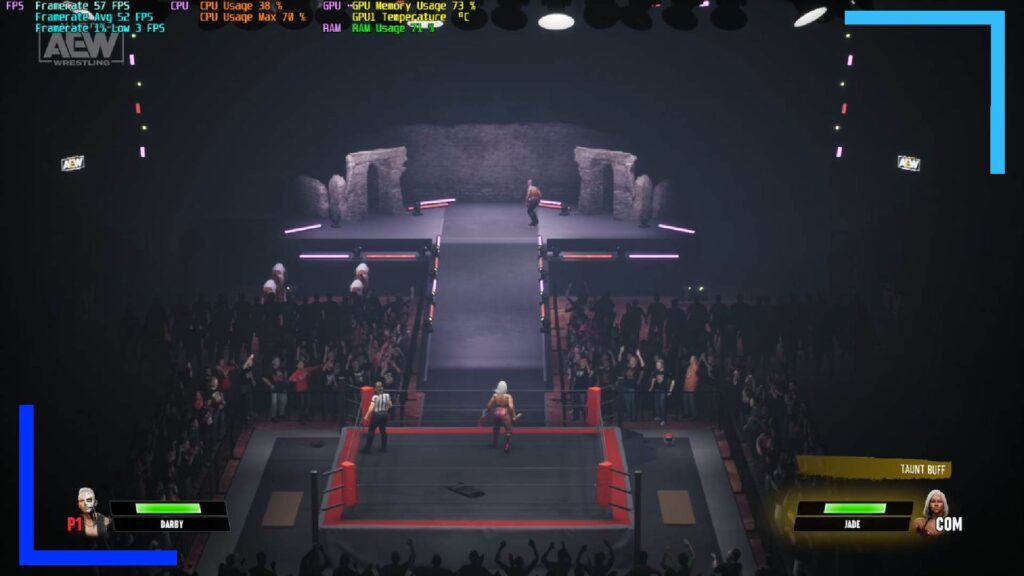 Screenshot from AEW Fight Forever on ASUS ROG Ally an overshot of the area. Darby Allin is seen riding a skateboard up the ramp.