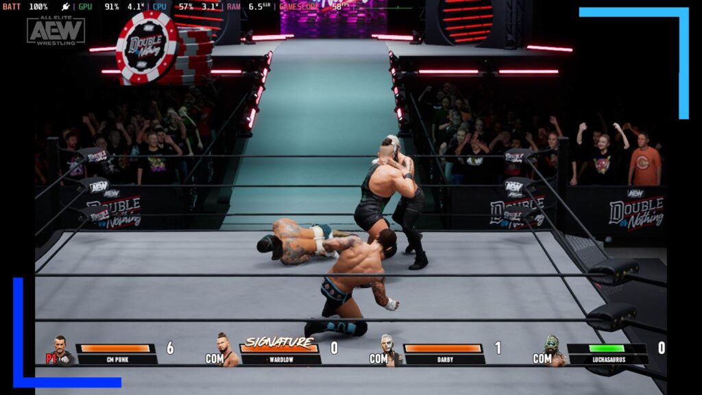 Screenshot of AEW Fight Forever on Steam Deck showing wrestlers in a ring fighting.