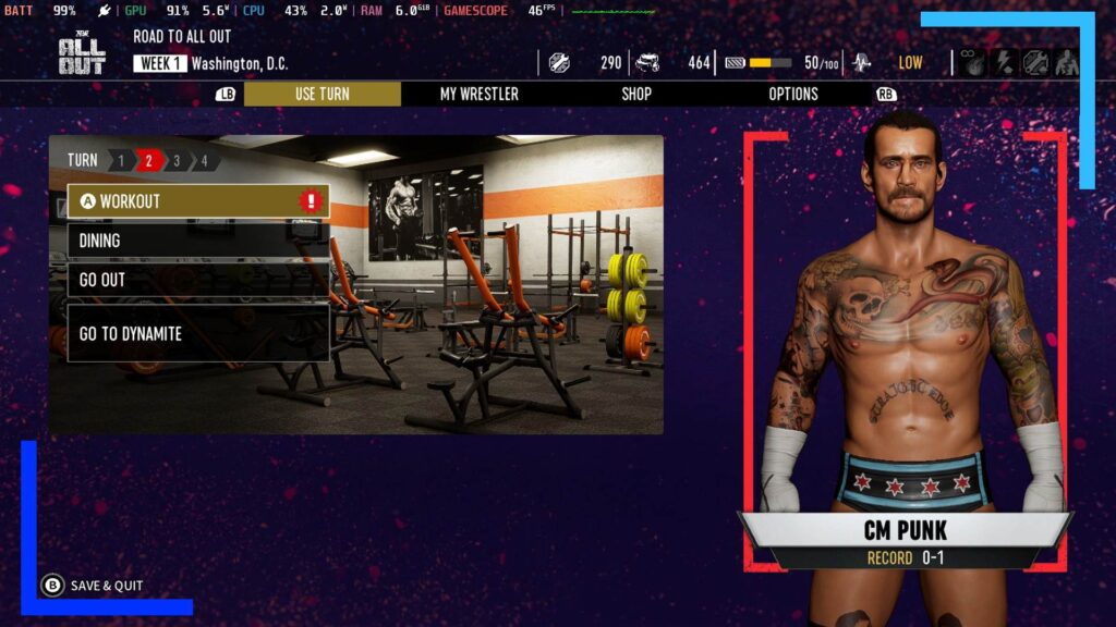 Screenshot of AEW Fight Forever on Steam Deck showing CM Punk on the right of the screen.