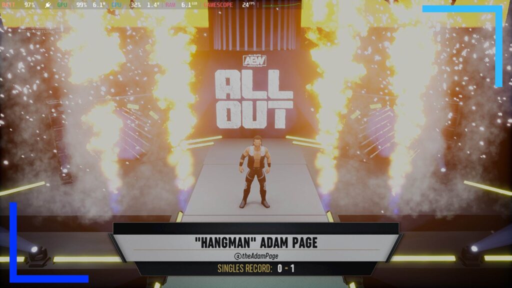 Screenshot of AEW Fight Forever on Steam Deck showing Adam Page during his entrance. Pyros can be seen either side of the ramp.