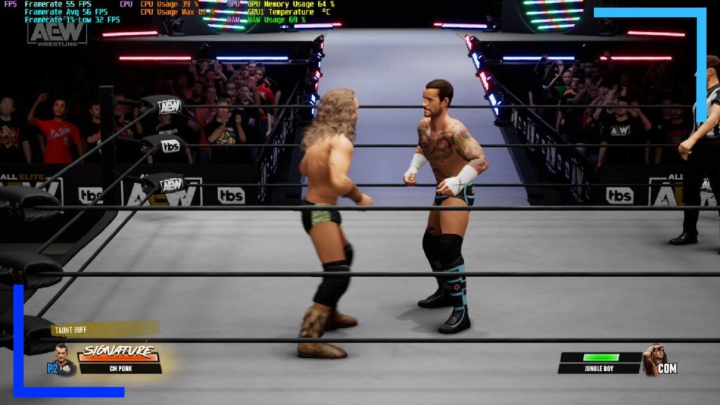 Screenshot from AEW Fight Forever on ASUS ROG Ally showing CM Punk and Hangman Page about to lock up in the ring.