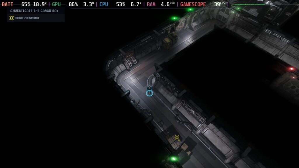 Screenshot from Aliens: Dark Descent showing a futuristic corridor from above.