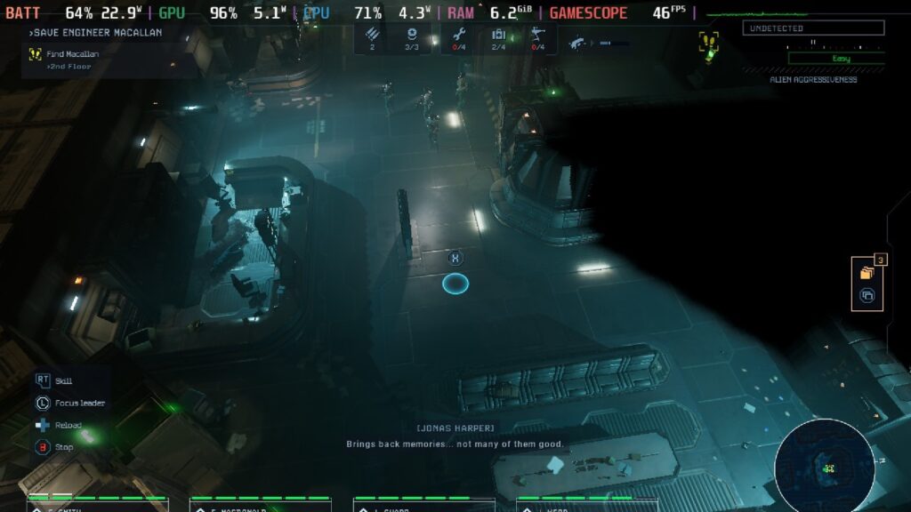 Screenshot from Aliens: Dark Descent showing a bird's eye view of a room in a blue hue.