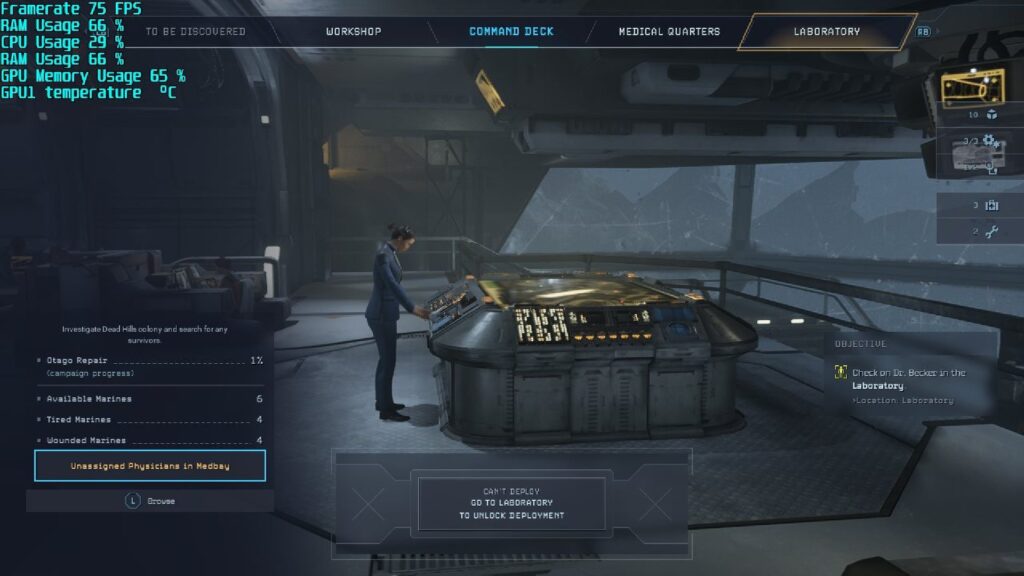 Screenshot of Aliens: Dark Descent on the ASUS ROG Ally showing the main futuristic deck with a large circular computer.