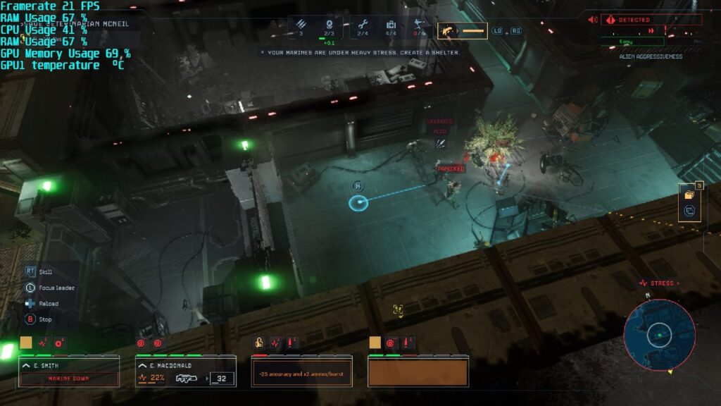 Screenshot of Aliens: Dark Descent on the ASUS ROG Ally showing a fight between humans and Xenomorphs in a blue-tinted corridor.