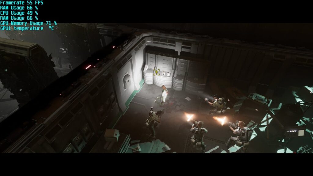 Screenshot of Aliens: Dark Descent on the ASUS ROG Ally showing a baby alien after it's been birthed and a group of soldiers staring at it.