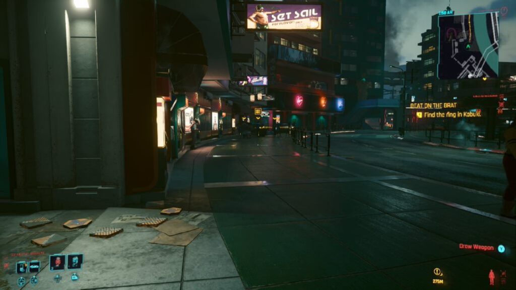 Screenshot from Cyberpunk 2077 on ASUS ROG Ally showing a wet sidewalk with neon shop signs.