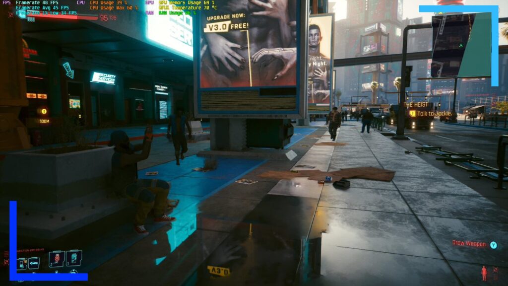 Screenshot of Cyberpunk 2077 on the ASUS ROG Ally showing a cyberpunk street with a puddle reflecting the surroundings.