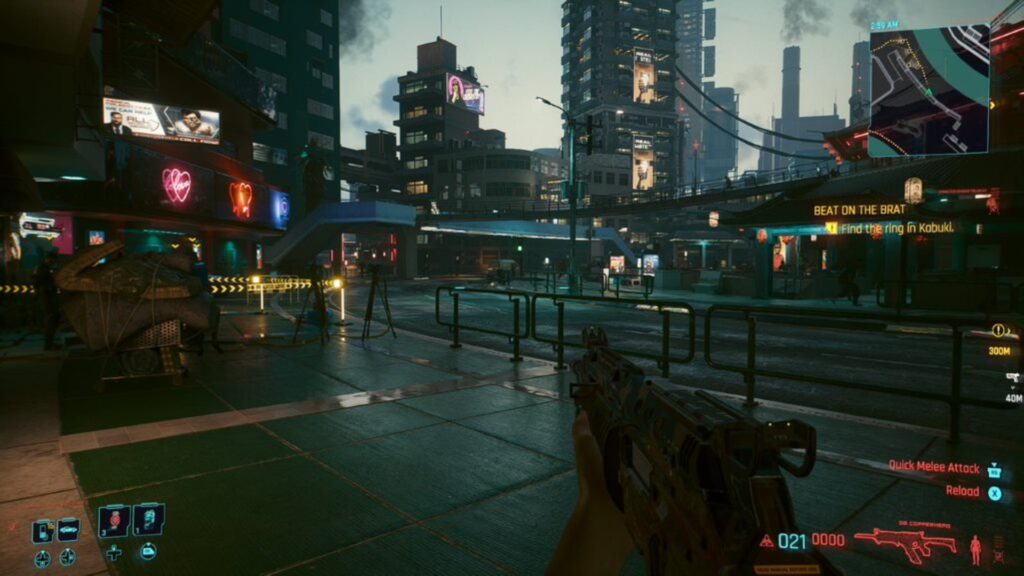 Screenshot from Cyberpunk 2077 on ASUS ROG Ally showing a cyberpunk street. The floor looks like it's rained recently. Neon lights can be seen on the left.