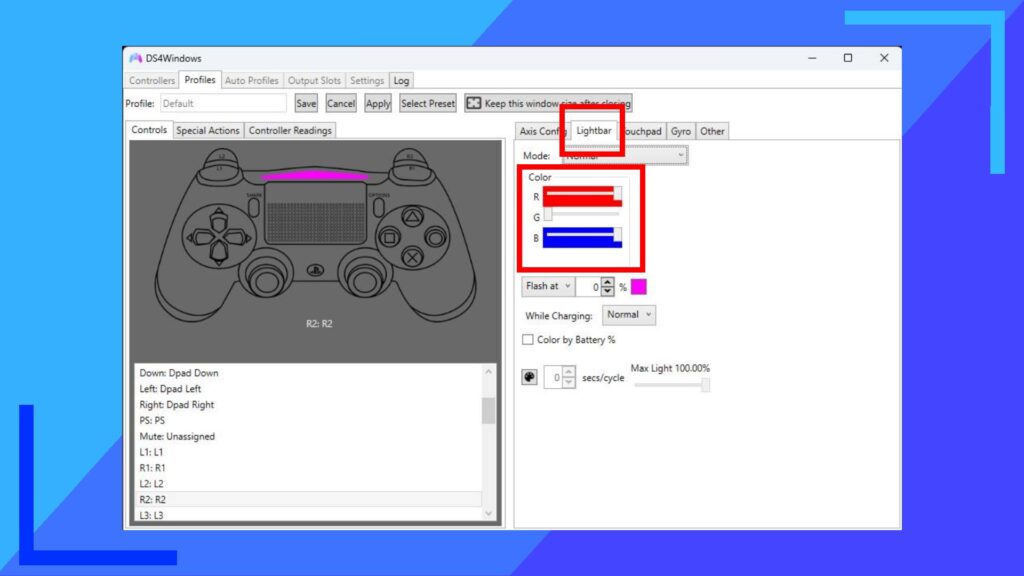 Screenshot of DS4Windows on the main default controller page with red boxes for context.