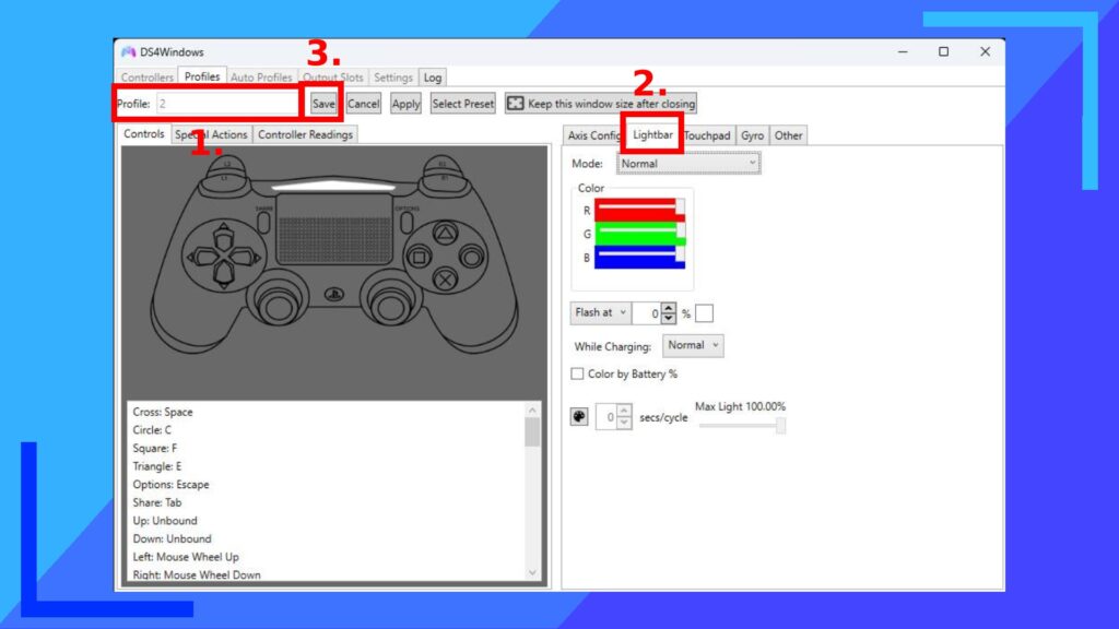 Screenshot of DS4Windows on the main default controller page with red boxes and numerical values for context.