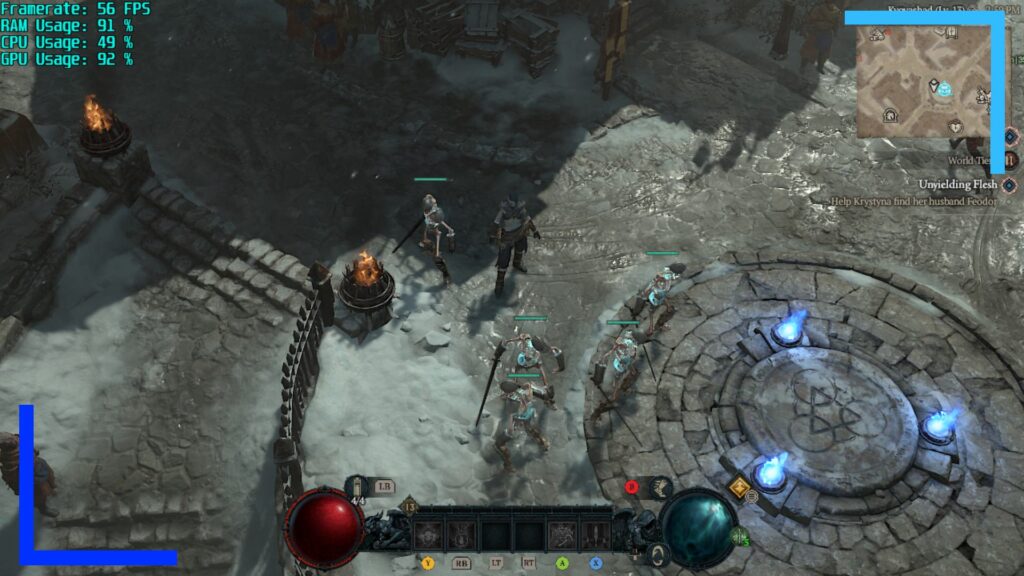 Screenshot of Diablo 4 on ASUS ROG Ally in the main central hub from a bird's eye viewpoint.