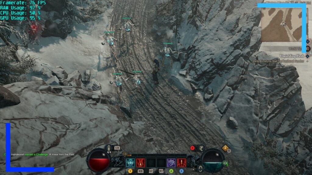 Screenshot of Diablo 4 on ASUS ROG Ally in a white snowy biome with sludgy tracks.