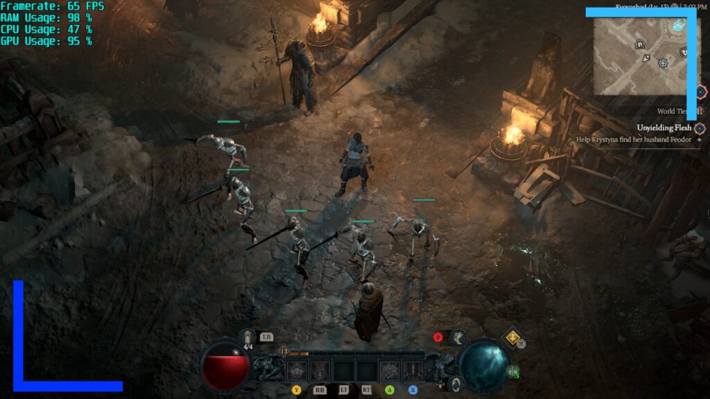 Screenshot from Diablo 4 on ASUS ROG Ally showing a darkened, Medieval style roadway lit up by fiery torches.