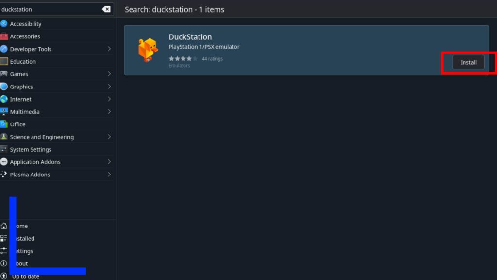 Screenshot of the Discover Store on Steam Deck with a red box over the install button to download Duckstation.