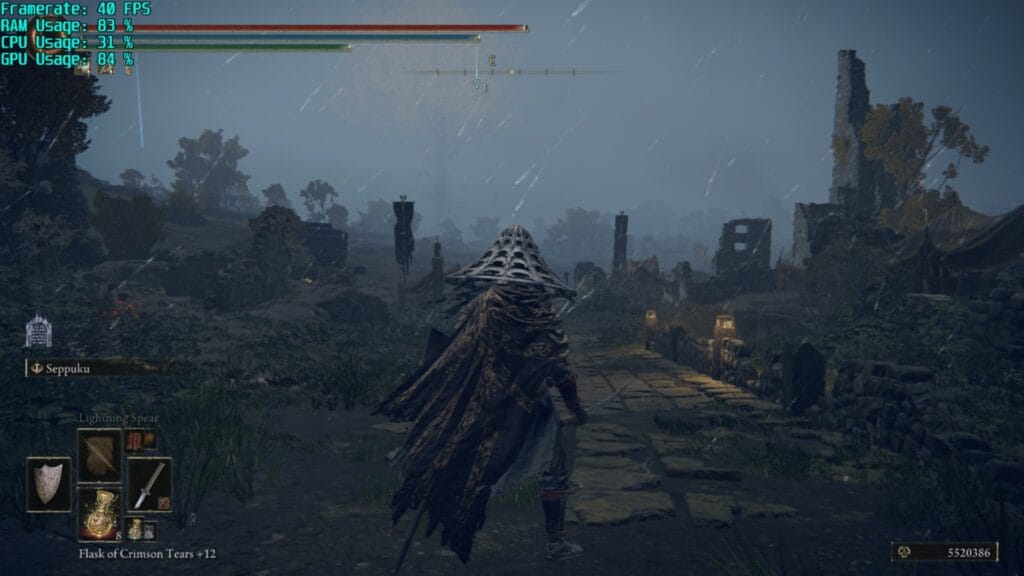 Screenshot from Elden Ring on ASUS ROG Ally showing a grey overcast with ruined pillars.