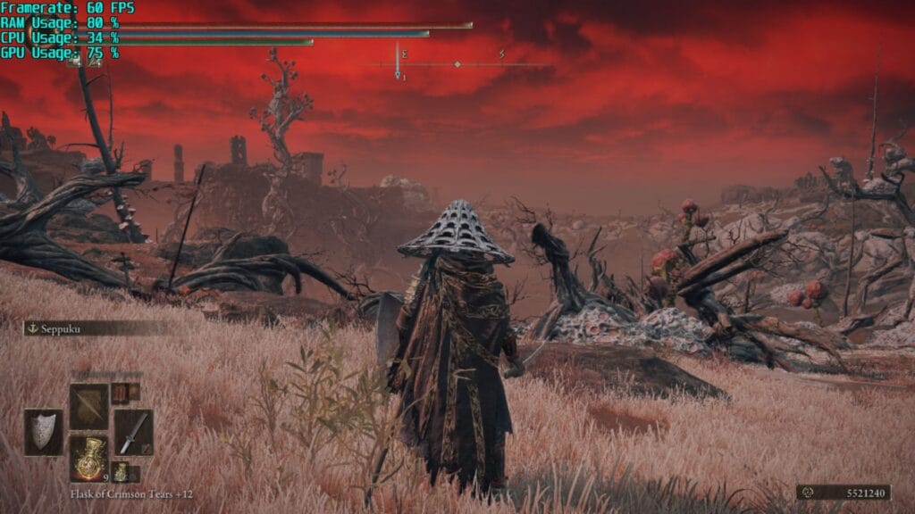 Screenshot from Elden Ring on ASUS ROG Ally showing a bright red sky and scorched earth with the player character in the center.