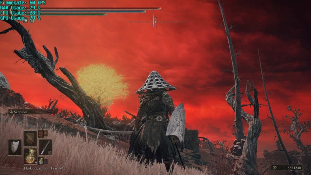 Screenshot from Elden Ring on ASUS ROG Ally showing a bright red sky with a yellow moon. The ground looks to have been burnt.