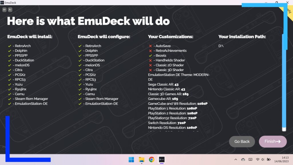 Screenshot from EmuDeck WE showing the decisions page. Text and context is in the main article.