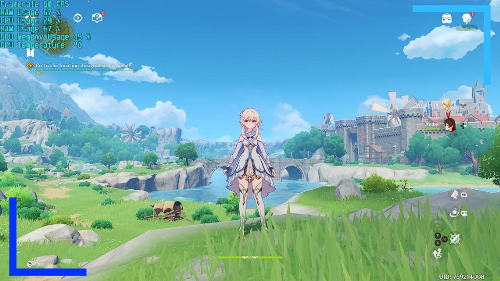 Screenshot from Genshin Impact on the ASUS ROG Ally showing a lush green field with an anime character with blonde hair dressed in white.