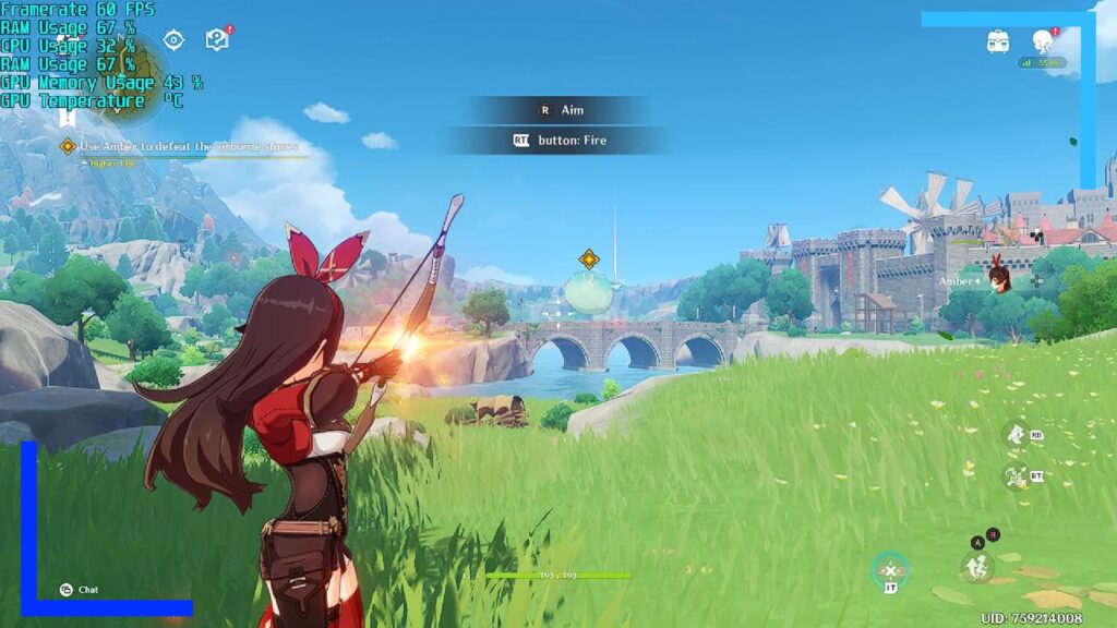 Screenshot from Genshin Impact running on the ASUS ROG Ally. Our main character, dressed in red, fires an arrow at a distant enemy in a lush, green field.