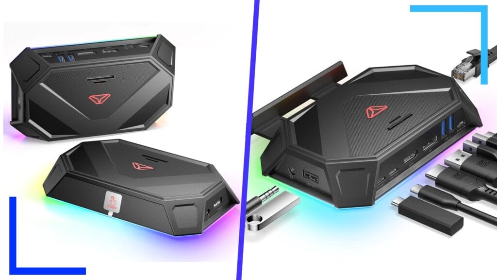 New JSAUX RGB dock from different angles with rainbow lights protruding from both sides.