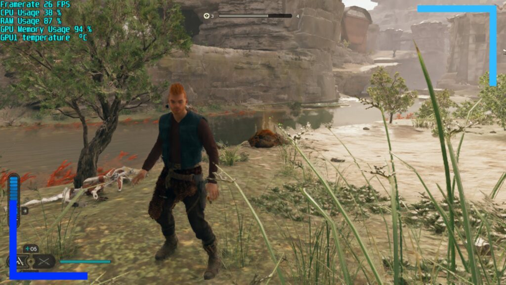 Screenshot from Jedi Survivor showing Cal in a desert-like planet with green vegetation at the front of the frame.