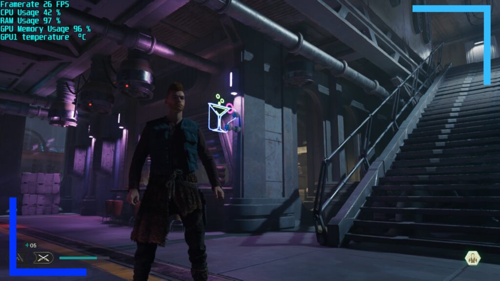 Screenshot from Jedi Survivor on ASUS ROG Ally showing our ginger-haired protagonist Cal in a cyberpunk city with bright neon lights.