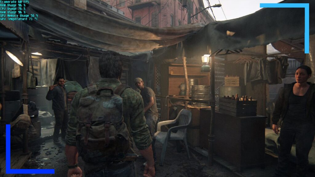 The Last of Us running on the ASUS ROG Ally with the XG Mobile attached. The image shows Joel, dressed in green plaid, working his way through a market.