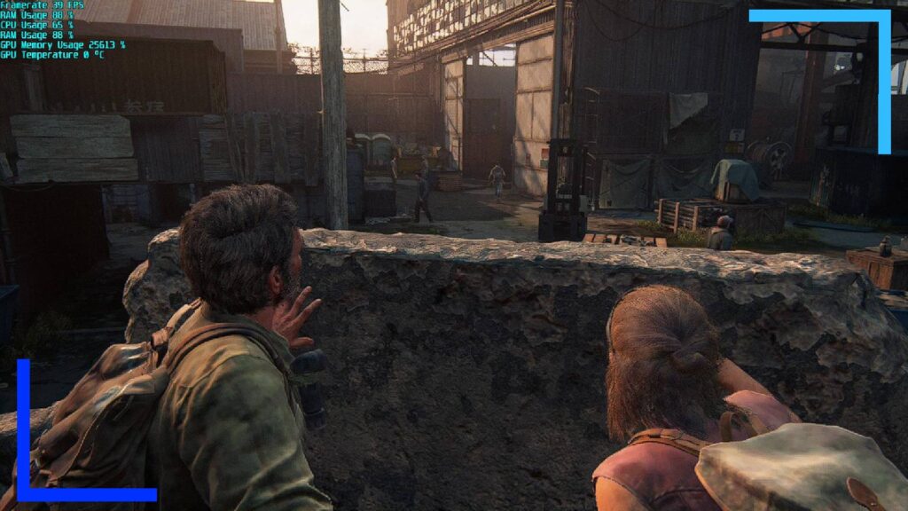 Screenshot from The Last of Us Part 1 running on the ASUS ROG Ally. Joel, dressed in green paid sits behind a barricade with Tess, who is wearing a pinkish shirt.