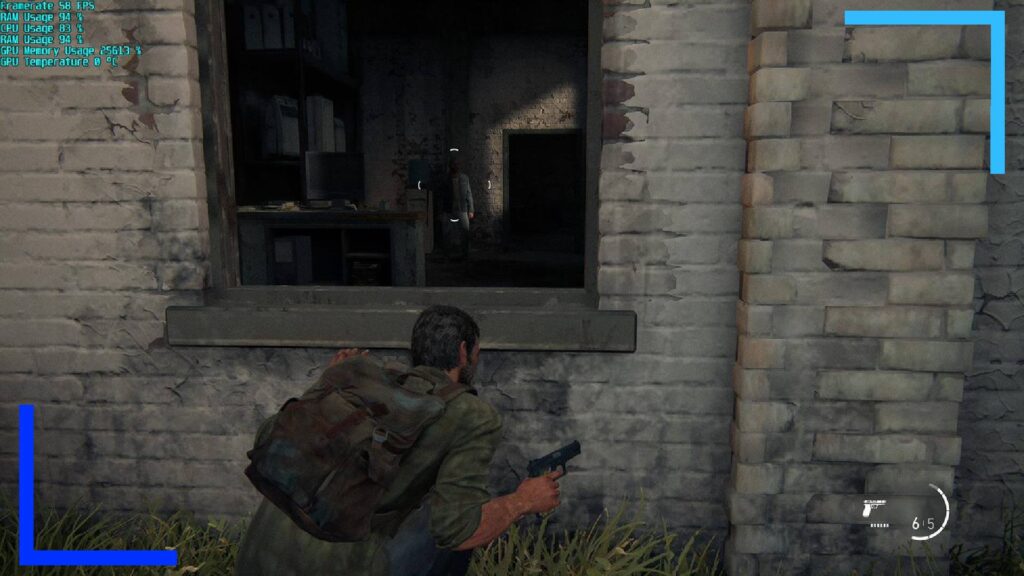 Screenshot from The Last of Us Part 1 running on the ASUS ROG Ally. Joel, dressed in green paid, is about to climb through a window.