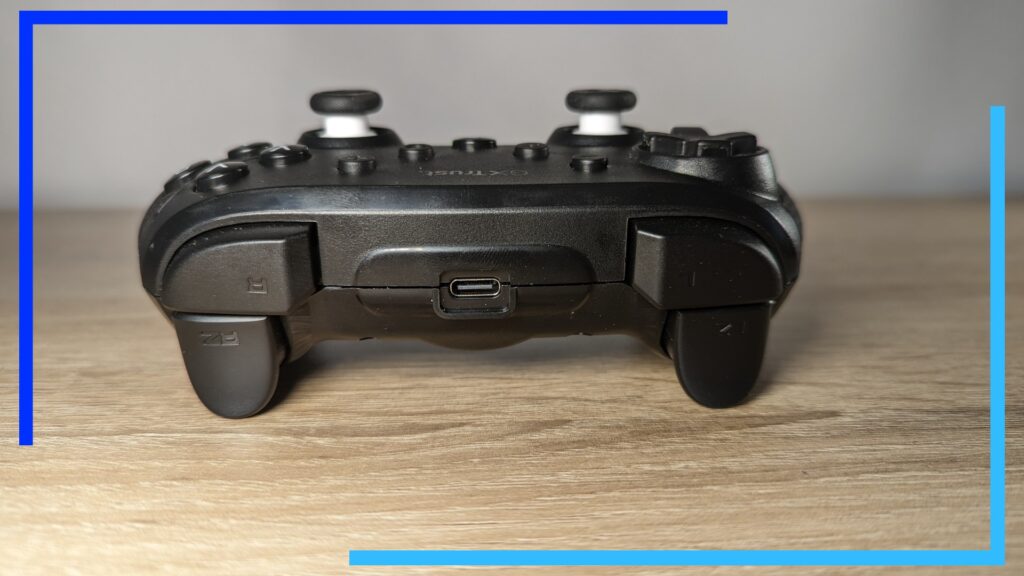 Close-up photo of the black Muta triggers, bumpers, and USB-C port.