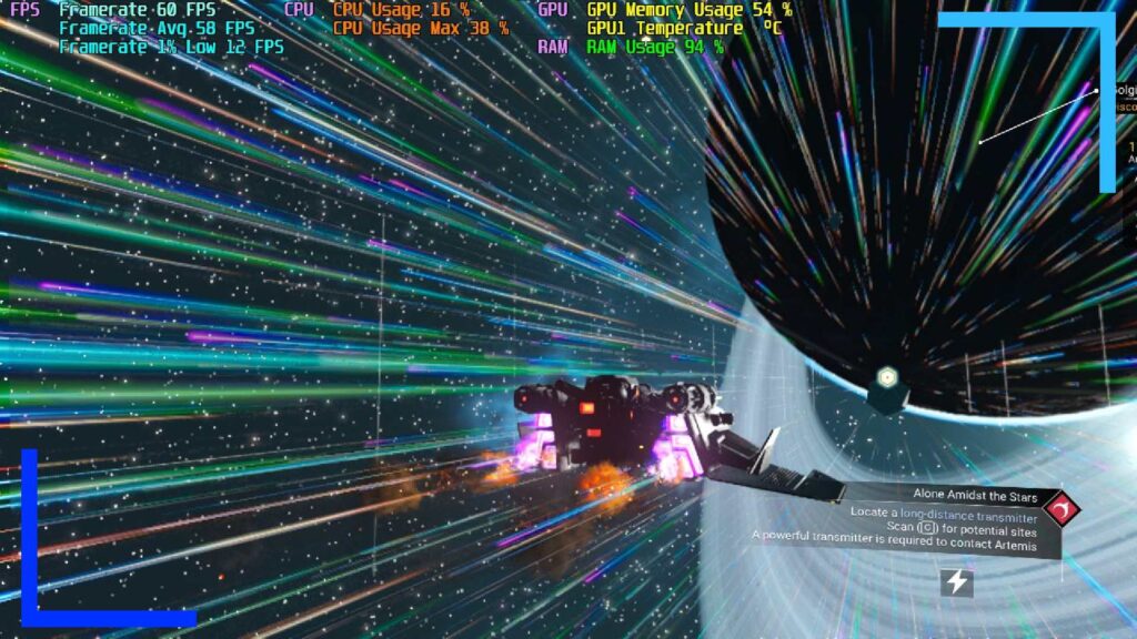 Screenshot from No Man's Sky on the ROG Ally showing a grey spaceship at lightspeed zooming through space.