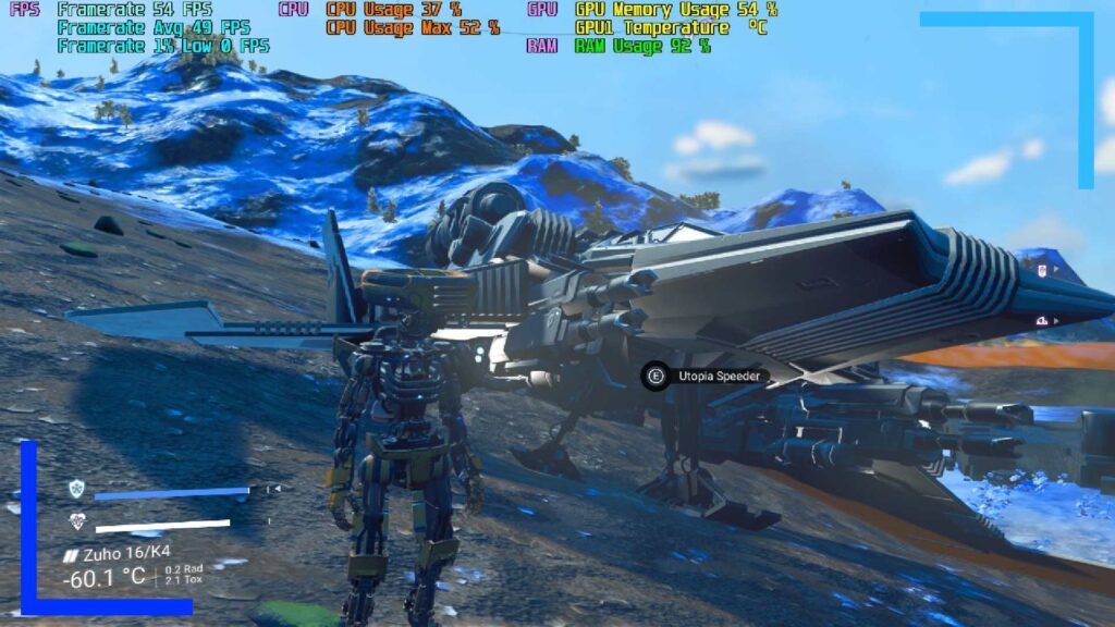 Screenshot from No Man's Sky on the ROG Ally showing a robot in the on a ice-covered planet with a grey spaceship in the background.