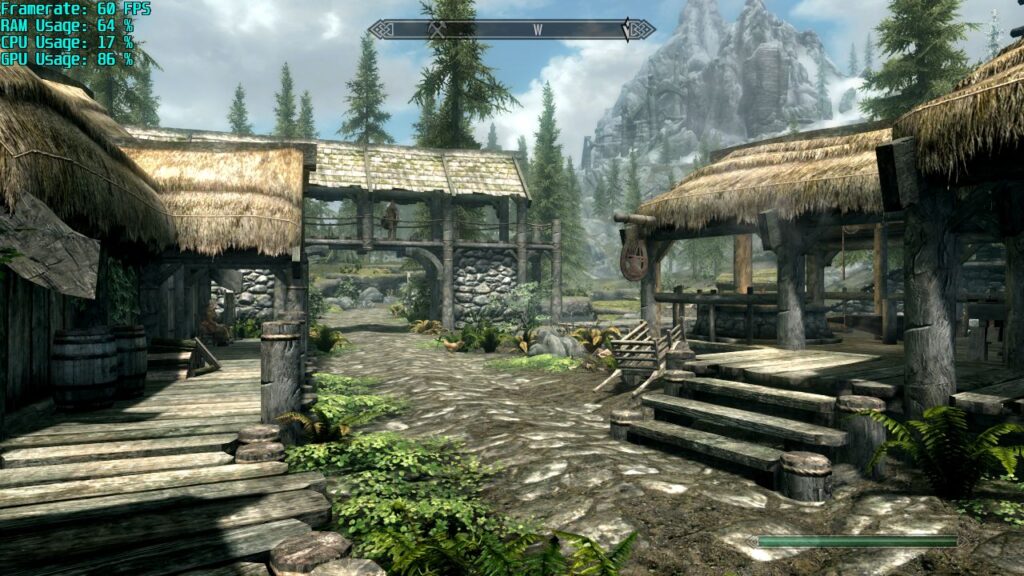 Screenshot from Skyrim on the ASUS ROG Ally showing a medieval-style village during the daytime.