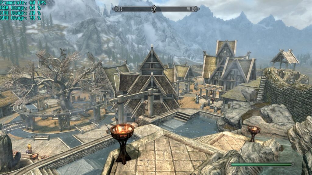 Screenshot from Skyrim on the ASUS ROG Ally showing the main city of Whiterun during the daytime.