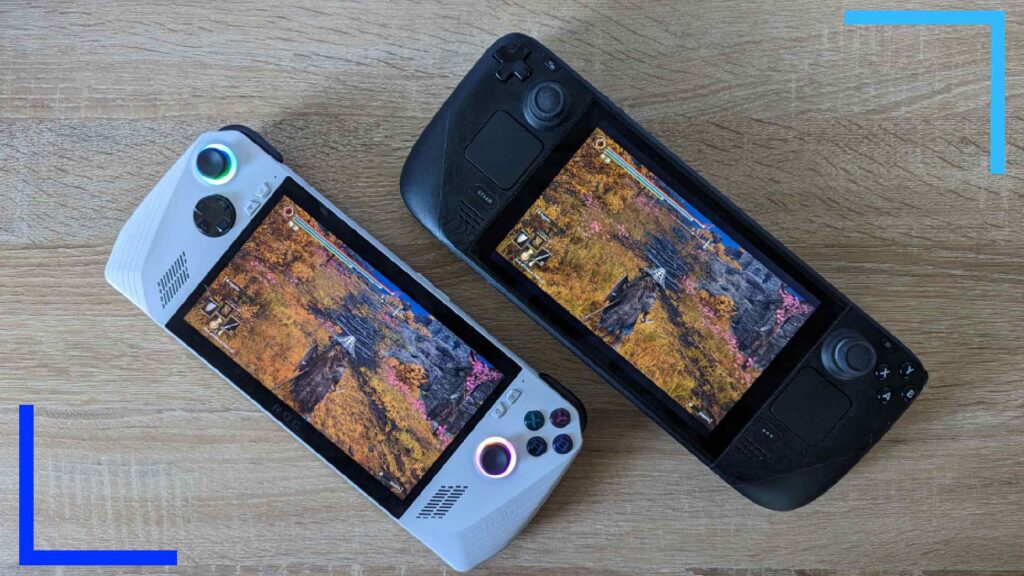 Photo of the black Steam Deck (right) and the white ASUS ROG Ally (left). On both screens in Elden Ring in a forest of yellow and brown leaves.