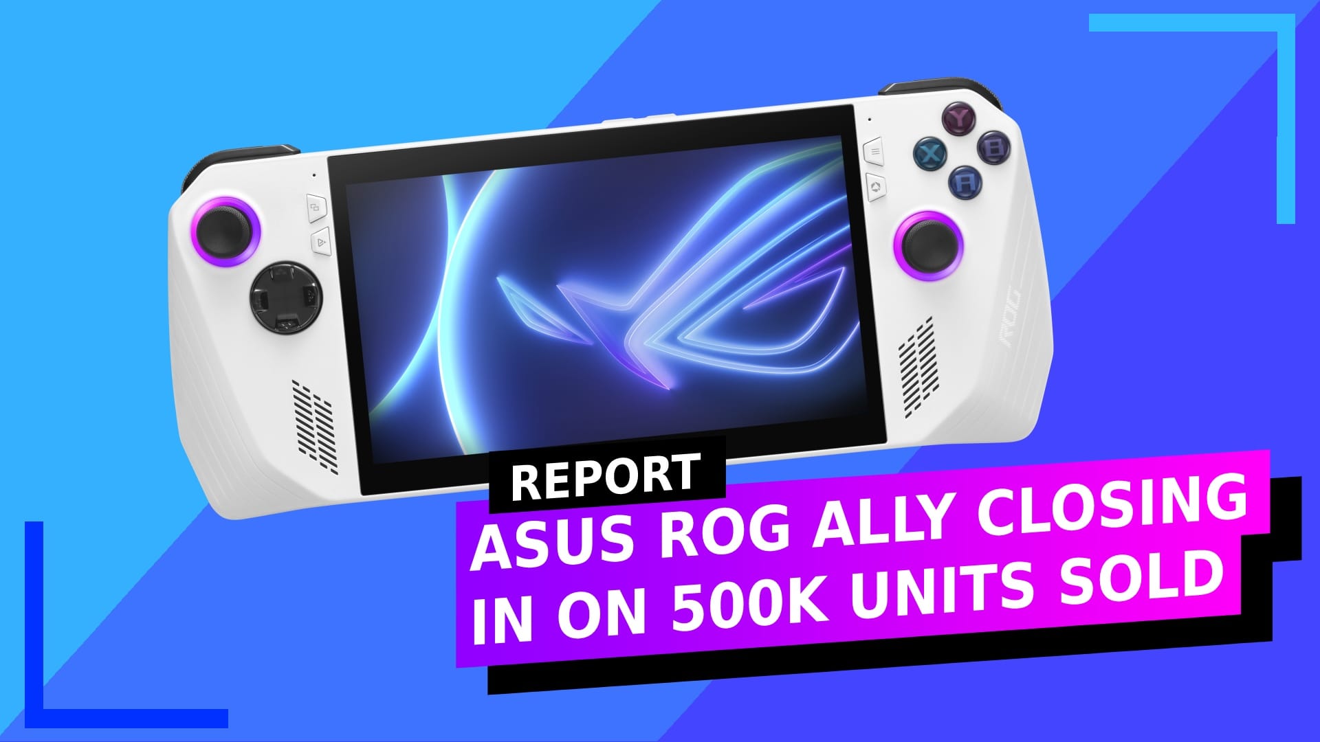 Text reads: Report. ASUS ROG Ally Closing in on 500K Units Sold.