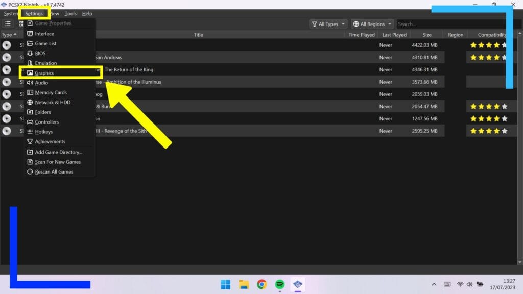 Screenshot showing how to access the graphics menu in PCSX2 with a yellow box to highlight.