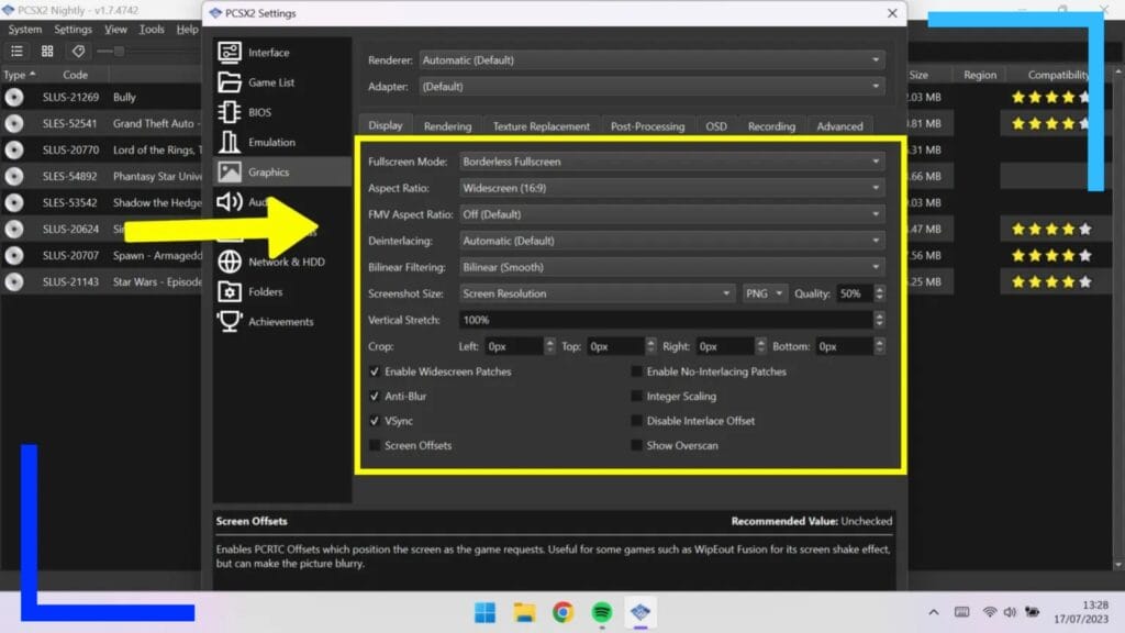 Screenshot of my PCSX2 settings explained in the article.