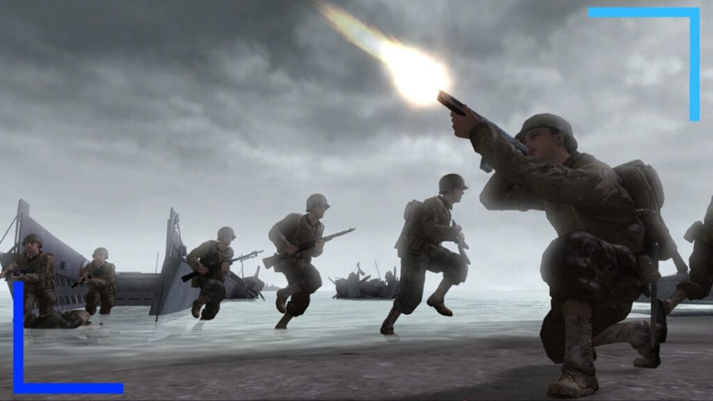 Promot shot from Call of Duty showing soldiers running and firing as a cloudy sky hangs above them.