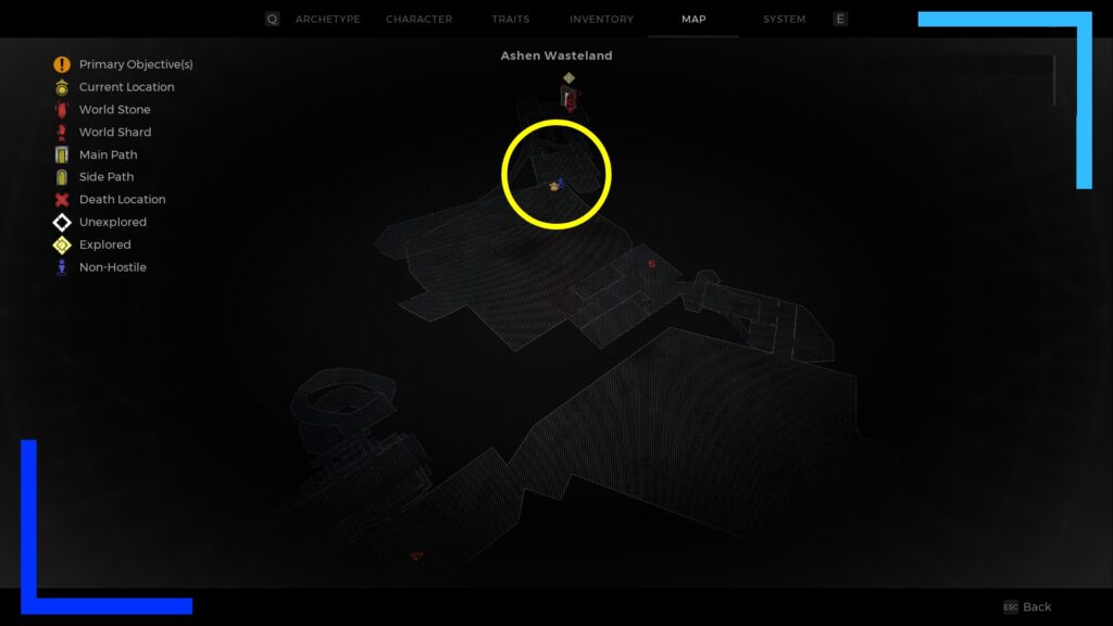 Screenshot of the Ashen Wastes map in Remnant 2 with a yellow circle highlighting the area discussed in the article.