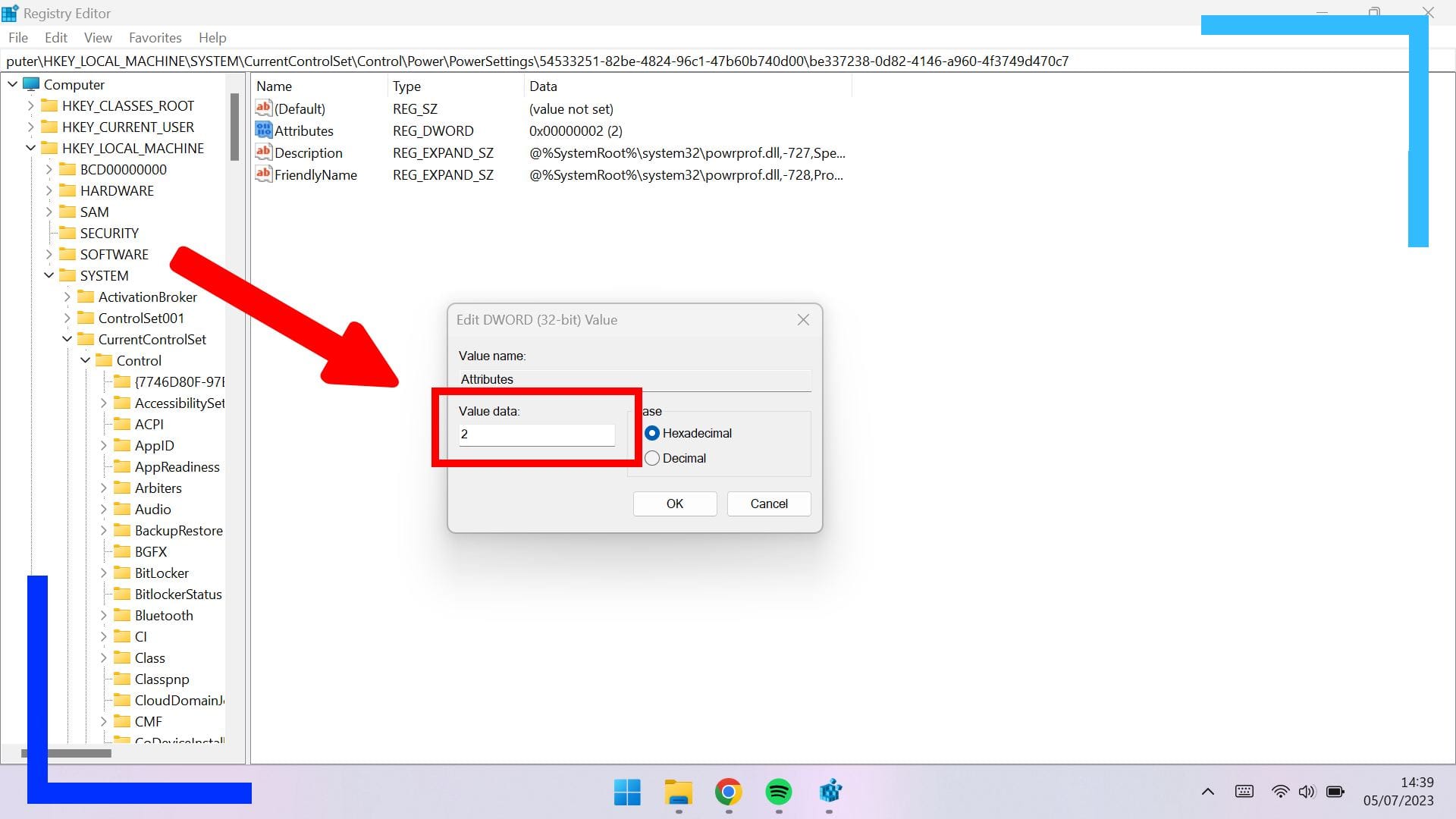 Screenshot of the registry edit attribute with a red arrow pointing to where to change the value.