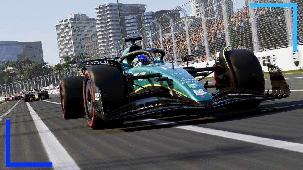 Promo shot from F1 23 showing an F1 racing car on a gray tarmac suface.