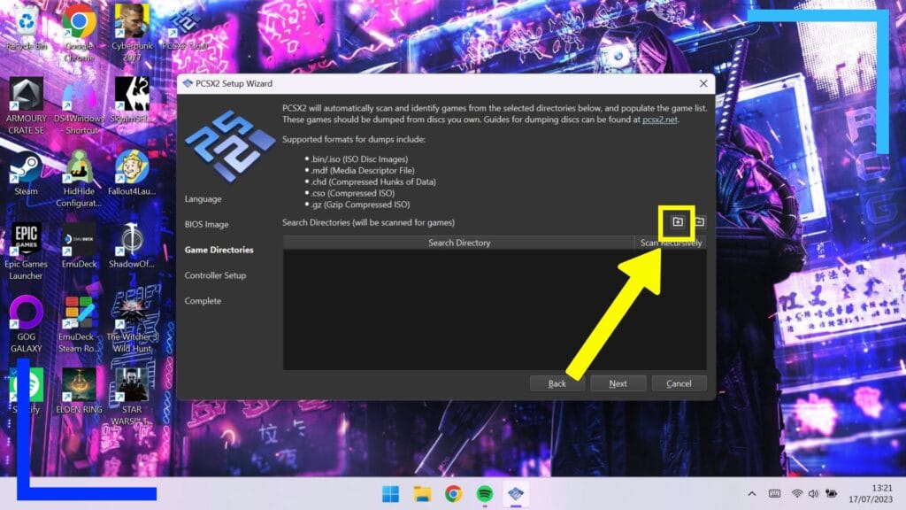 Screenshot of the PCSX2 setup process with a yellow box and arrow pointing to the add directory button.