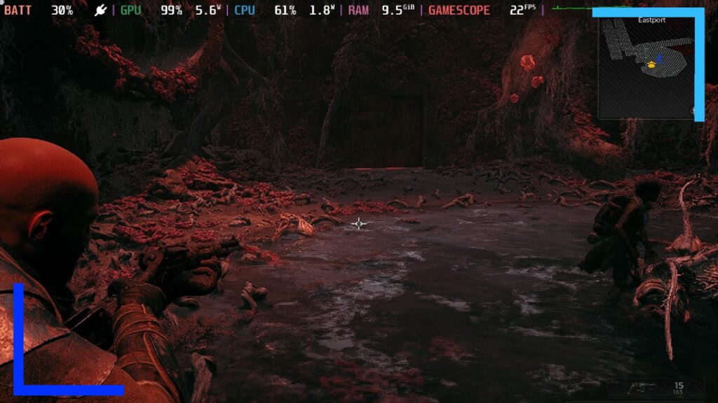 Screenshot of Remnant 2 showing a character a pit with white monsters running towards them. A red hue covers the whole screen.