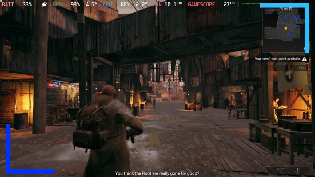 Screenshot of Remnant 2 showing a character in a brown city where people cling to life.