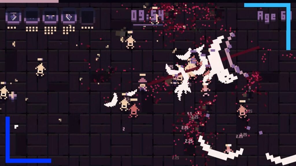 Promo shot of Samurai Survivors showing a pixelated main character attacking pixelated enemies.