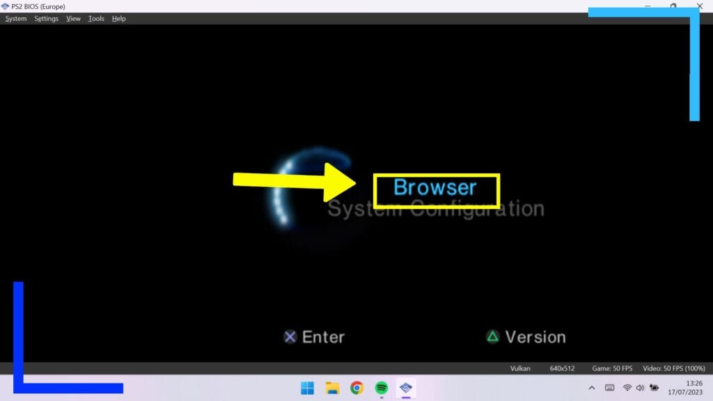 Screenshot of the PS2 dashboard in PCSX2. A yellow arrow points to the memory browser icon.